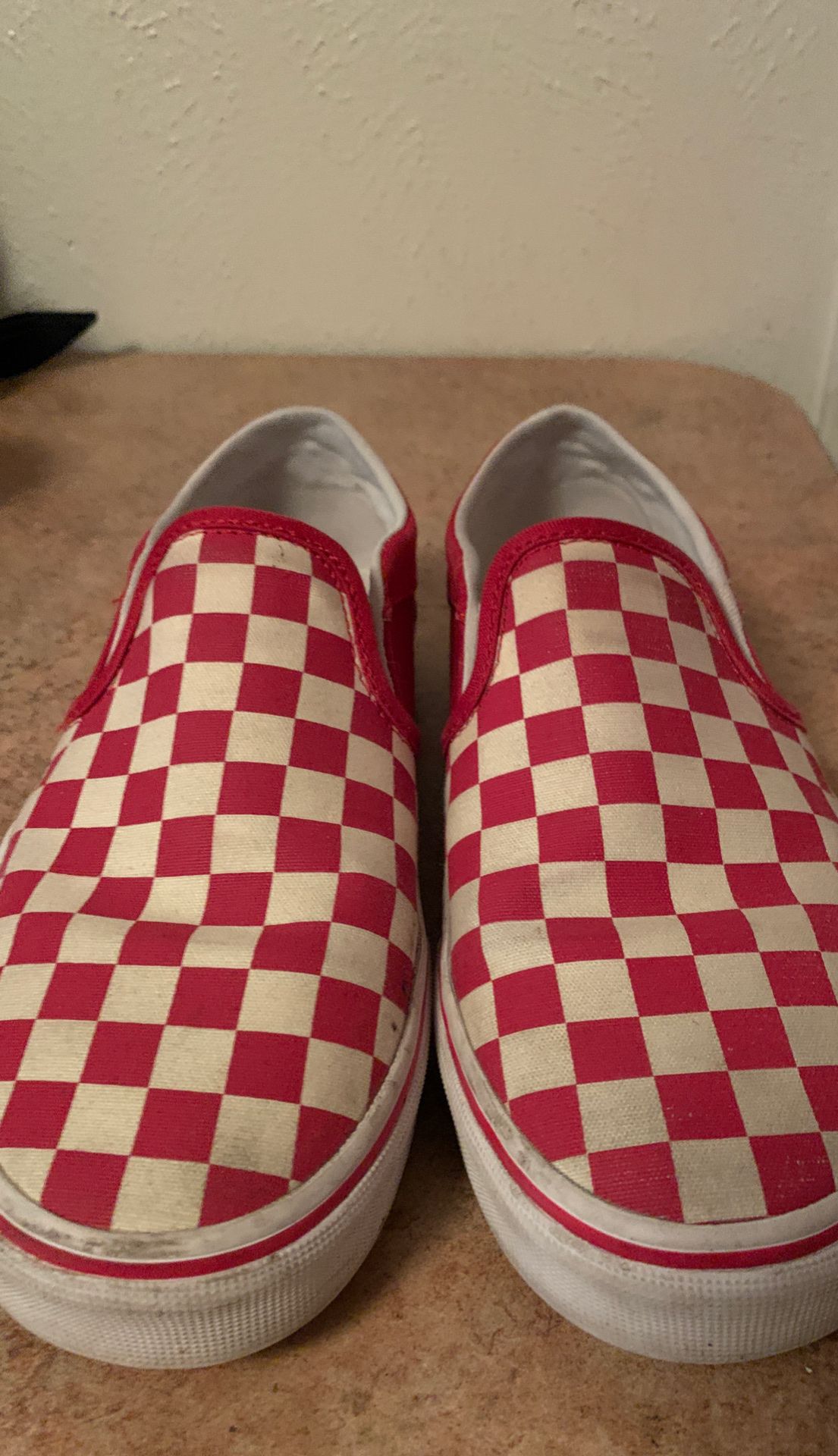 Red and white vans slip one size 8