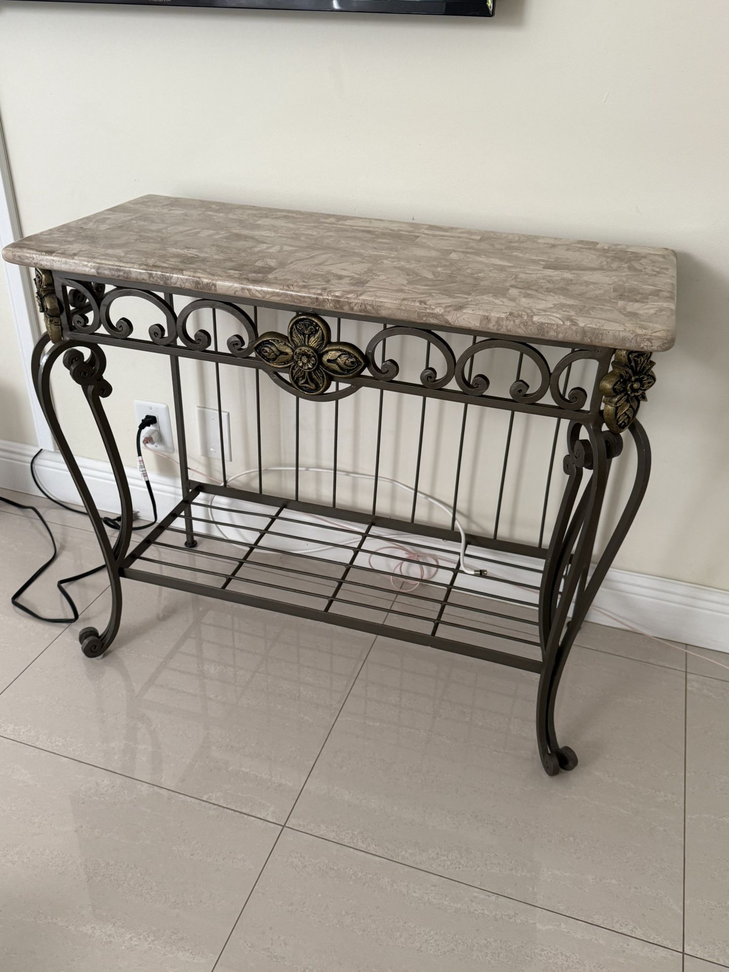 French Wrought Iron & Stone Top Console Table