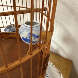 Vintage Asian Bamboo Bird Canary Cage Blue Floral Ceramic Feeder/Water Bowls
