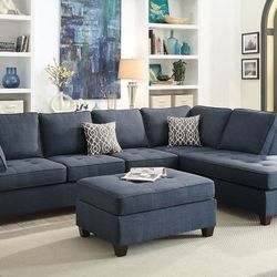 Brand New Dark Blue Reversible Sectional Sofa With Ottoman 
