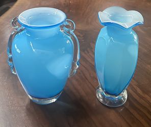 Pair of Turquoise Blue Vases - Fenton & Murano