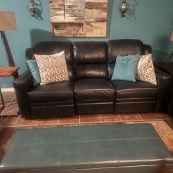Blue Leather Auto-Reclining Sofa & Loveseat for Living/Media Room