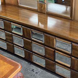 Vintage Dresser with Mirror,  Wood Panels & Mirror Panel Design, 9 Drawers