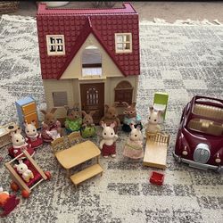 Vintage Sylvanian Families Calico Critters Red Roof Cozy Cottage, Car, furniture and Rabbits  