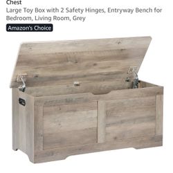 Large Grey Wood Storage Chest with Safety Hinges