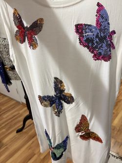 White Long Sleeve Sequin Butterfly Top