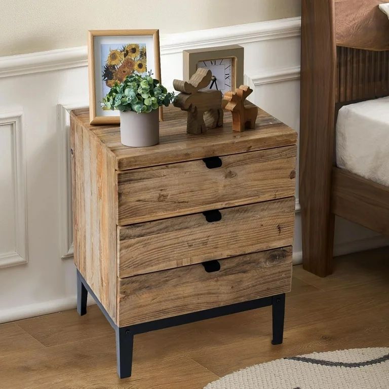 Wnutrees Farmhouse Nightstand Wood Bedside Table with 3-Drawers Bedside End Tables Storage for Living Room, Hallway, Handmade Distressed, Natural