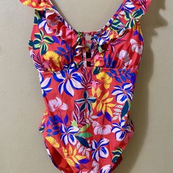 Caribbean Joe One-Piece Swimsuit Tropical Floral Multicolor Ruffle Women's 12