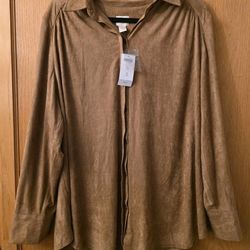 Chico's Woman's Brown Suede Button Up Long Sleeve Shirt Size 3 New With Tags