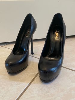 Saint Laurent YSL Tribute Black Grained Pebbled Leather Platform Pumps Heels 37