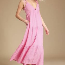 Lulus Pink Tie-Strap Tiered Midi Dress