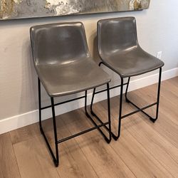 TWO Grey Leather and Black Metal Counter Chairs- Bar Stools- Gray Counter Height Chairs 