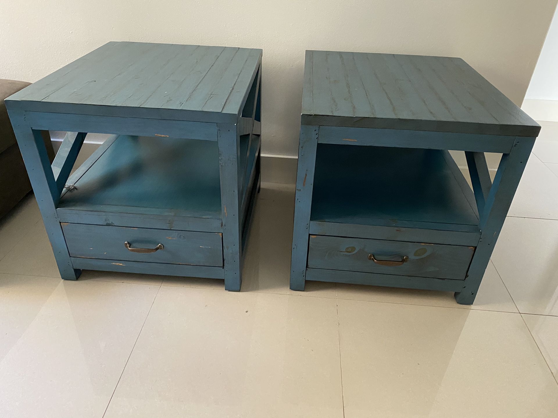 Two Wooden Teal Blue couch end tables from Rooms To Go. PERFECT CONDITION!