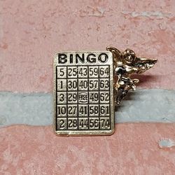 Vintage Gold Tone Bingo Card with Angel Cherub Goodluck Bingo Pin