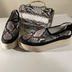 Snake Skin Slip Ons Sz 8 With Matching Bag 