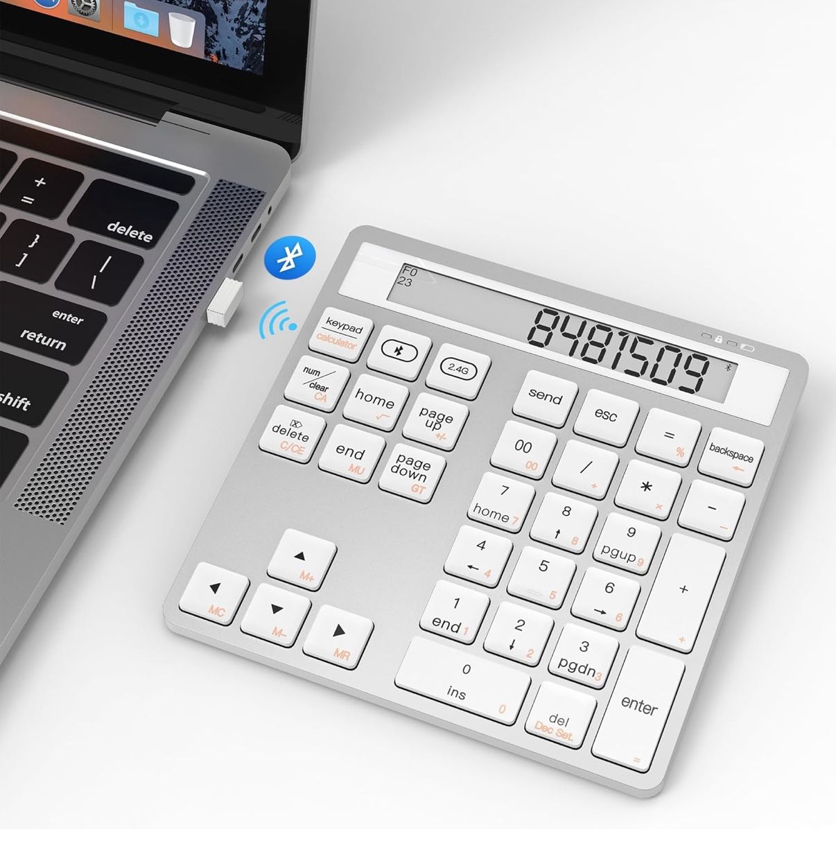 Bluetooth Wireless Number Pad and Calculator 34Keys, Bluetooth & 2.4G USB Numeric Keypad Data Entry with Display for MacBook Pro Air, iMac, Desktop Of