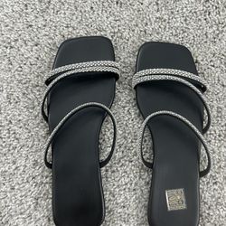 Black Rhinestone Strappy Sandals Square Toe Heels Size 35 / Women’s 5 (Fits 5.5) 