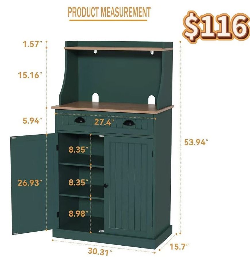 ✌️ 54" Kitchen Microwave Cabinet/Stand with Storage and Drawers, Green Pantry Storage Cabinet with Hutch & Adjustable Shelves for Kitchen, Dining Room
