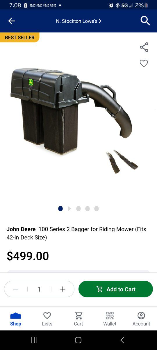 John Deere 42" Bag System  100 Series 2 Bagger 