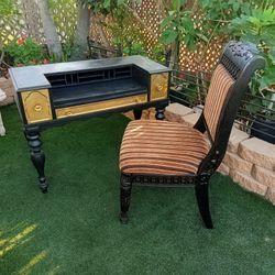 Victorian Black and Gold Writing Desk with Chair