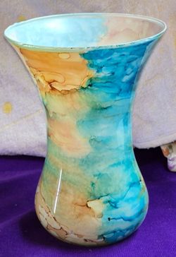 Italian Swirl Art Glass Vase featuring a watercolor-like design in turquoise and tan. 6 1/2 Inches Tall CR1V017