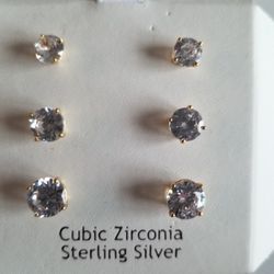 Cubic Zirconia Sterling Silver 3 Set Of 3 Earrings NEW