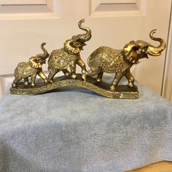 3 Gold Tone Bejeweled Resin Elephants On Bridge