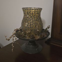 Mosiac Glass Hurricane On Metal Pedestal 