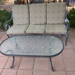 Wrought Iron Loveseat And Glass Coffee Table
