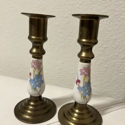 Pair Of Vintage Brass & Ceramic Floral Candle Holders
