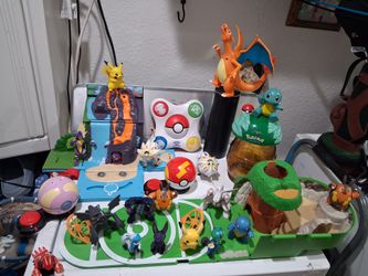 Pokemon toys collectible  set. good condition.  

it cones with:
- a hard plastic green backpack play set.
- a Pokemon blue Volcano play set
- a Pokem