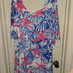 Lilly Pulitzer Harbour Tunic "She She Sells" White Blue Pink Size XL - Cruise/Vacation