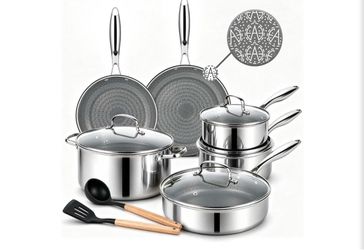 Hybrid Stainless Steel Cookware Set, Nonstick Pots and Pans 17-Piece, PFAS-Free Ceramic Non Stick, Tri-Ply, Induction & All Cooktop Ready, Dishwasher