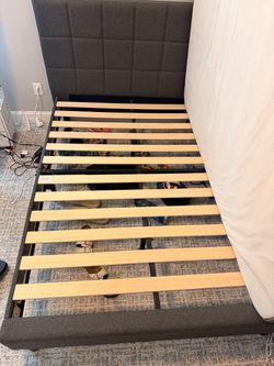 Gray Upholstered Bed Frame with Wood Slats