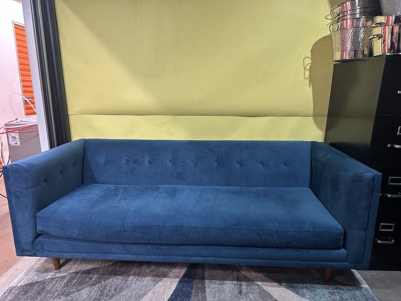 West Elm Bradford Sofa in Blue Velvet 82” couch Original Retail $2,000