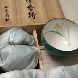 FUKAGAWA KORANSHA PORCELAIN 5 TEA CUPS JADE GREEN FLOWER 