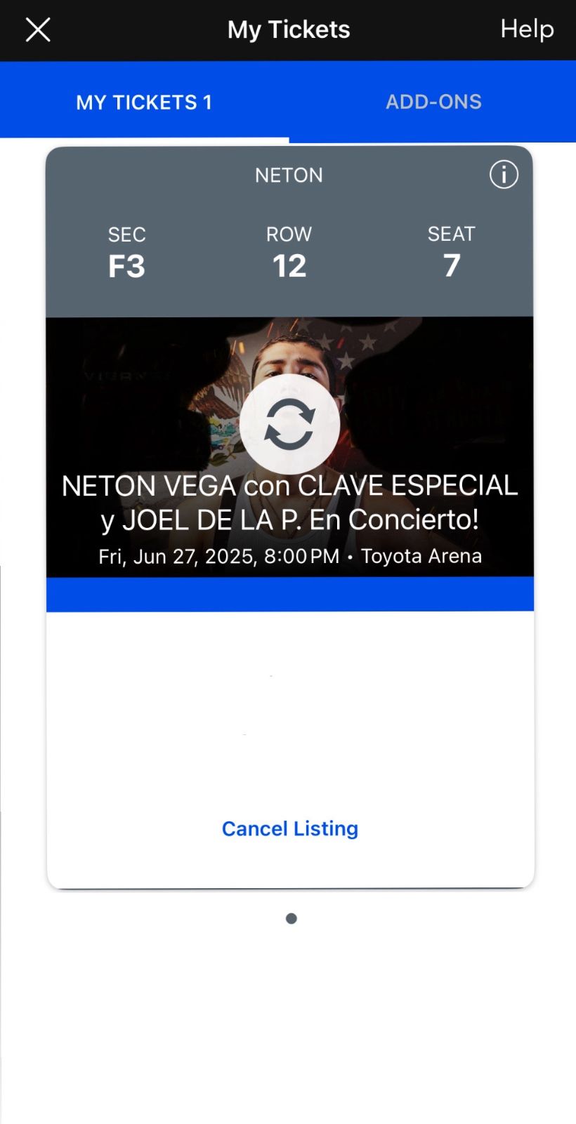 Neton Vega Toyota Arena Ticket 6/27