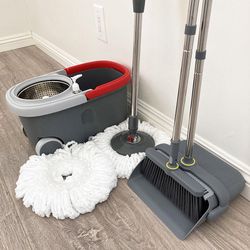 (Brand New) $35 (Combo Set) Broom Dustpan & Spin Mop Wheels Extended Handle with 2pc Microfiber Mop Heads 