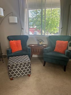 Pair of Teal Velvet Wingback Accent Chairs – One Needs Repair