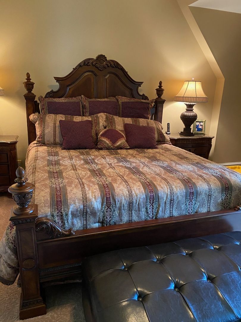 Elegant King-Sized Wood Bed Frame with Matching Nightstands & Lamps