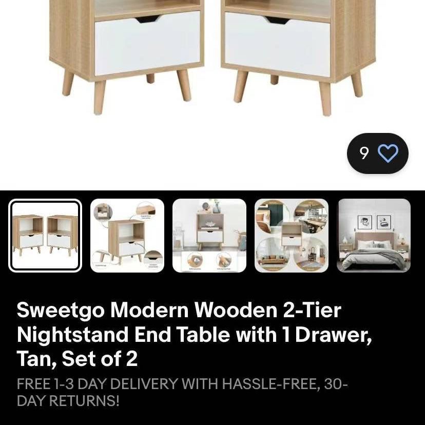  Sweetgo Modern Wooden 2-Tier Nightstand End Table with 1 Drawer, Tan, Set of 2