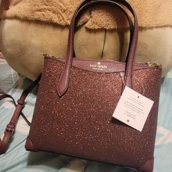Kate Spade Glitter Burgundy Tote with Dual Handles and Crossbody Strap