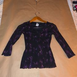 Vintage fairycore black mesh Paisley print top with purple sequins