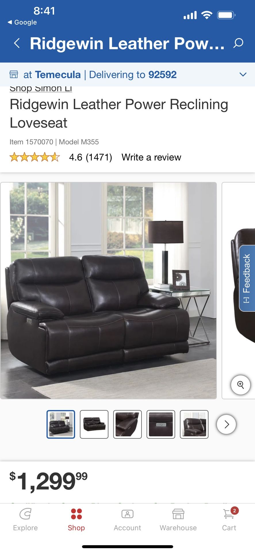 Ridgewin Leather Power Reclining Loveseat