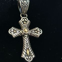 Silver and 18k gold cross pendant on 10k white gold chain