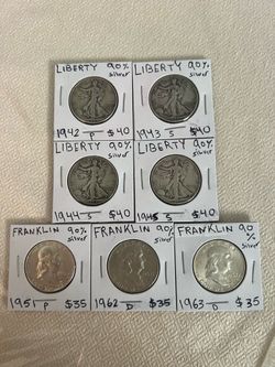 Liberty walking and Franklin half dollars (7 pieces)