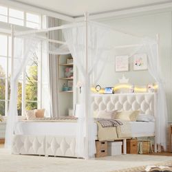 Full Size Princess Canopy Bed Frame w/ Storage Drawers, LED & Charging Station