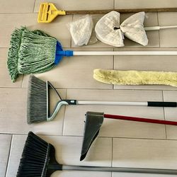 Garbage collector, brooms, floor cleaner all for $5