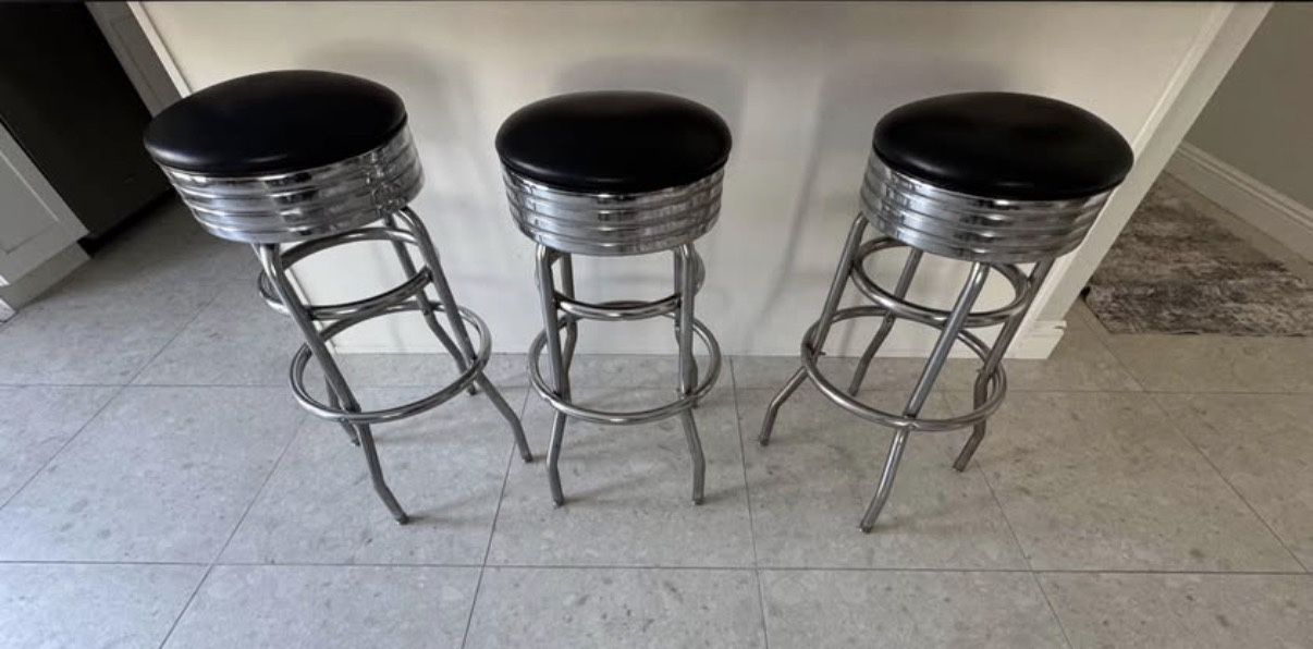 3 Retro Black Leather Diner Stool C 1950’s