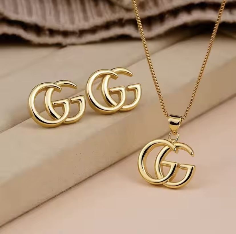 Charm Letter GG Gold Plated Necklace Earrings Set